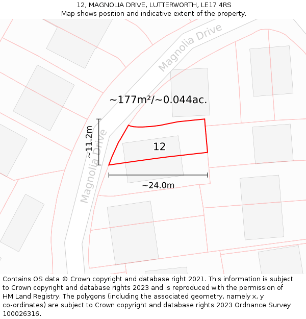 12, MAGNOLIA DRIVE, LUTTERWORTH, LE17 4RS: Plot and title map