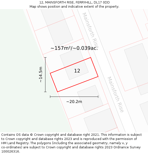 12, MAINSFORTH RISE, FERRYHILL, DL17 0DD: Plot and title map