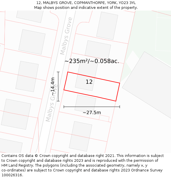 12, MALBYS GROVE, COPMANTHORPE, YORK, YO23 3YL: Plot and title map