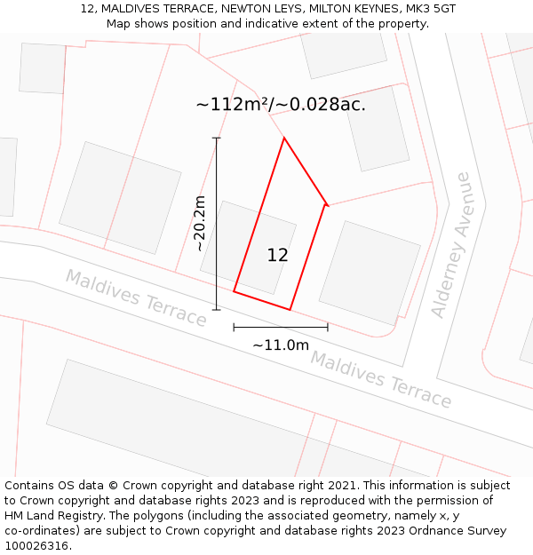 12, MALDIVES TERRACE, NEWTON LEYS, MILTON KEYNES, MK3 5GT: Plot and title map