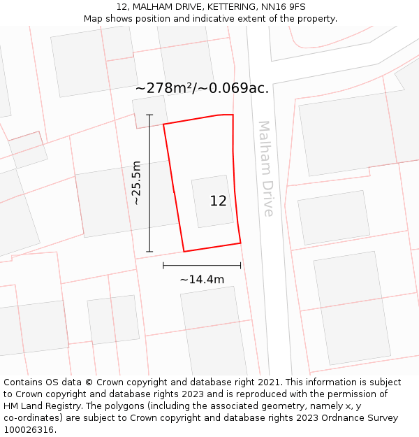 12, MALHAM DRIVE, KETTERING, NN16 9FS: Plot and title map