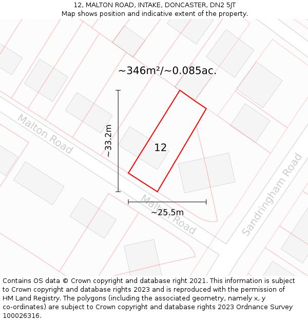 12, MALTON ROAD, INTAKE, DONCASTER, DN2 5JT: Plot and title map