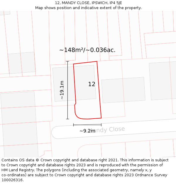 12, MANDY CLOSE, IPSWICH, IP4 5JE: Plot and title map