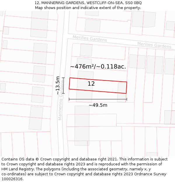 12, MANNERING GARDENS, WESTCLIFF-ON-SEA, SS0 0BQ: Plot and title map