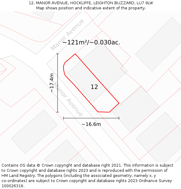 12, MANOR AVENUE, HOCKLIFFE, LEIGHTON BUZZARD, LU7 9LW: Plot and title map