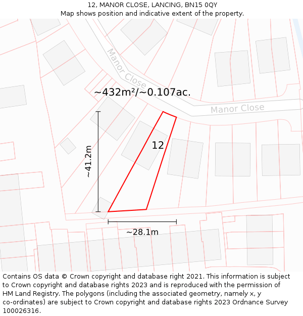 12, MANOR CLOSE, LANCING, BN15 0QY: Plot and title map