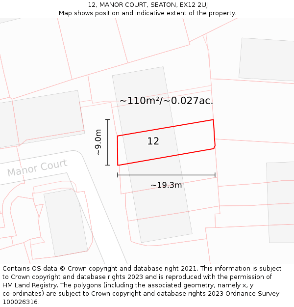 12, MANOR COURT, SEATON, EX12 2UJ: Plot and title map