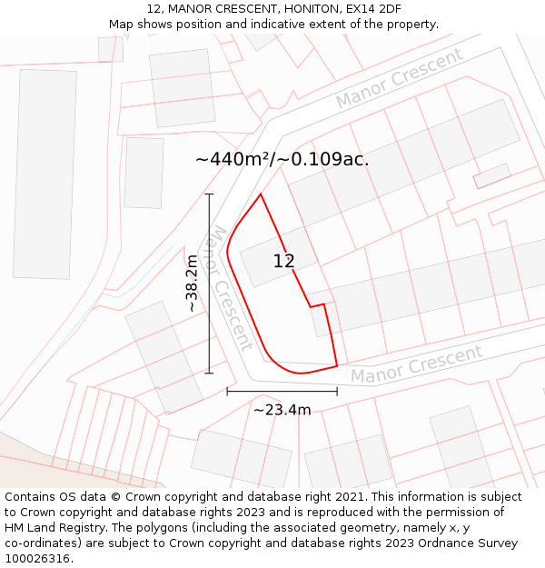 12, MANOR CRESCENT, HONITON, EX14 2DF: Plot and title map