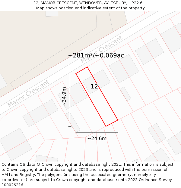 12, MANOR CRESCENT, WENDOVER, AYLESBURY, HP22 6HH: Plot and title map