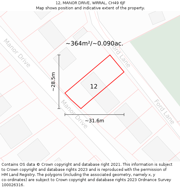 12, MANOR DRIVE, WIRRAL, CH49 6JF: Plot and title map
