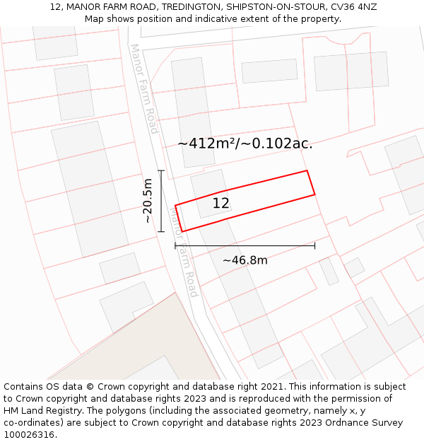 12, MANOR FARM ROAD, TREDINGTON, SHIPSTON-ON-STOUR, CV36 4NZ: Plot and title map