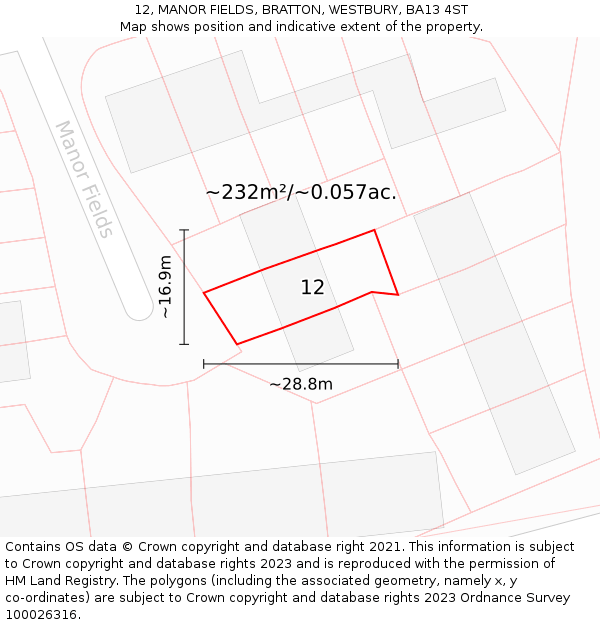 12, MANOR FIELDS, BRATTON, WESTBURY, BA13 4ST: Plot and title map