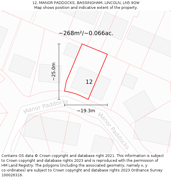 12, MANOR PADDOCKS, BASSINGHAM, LINCOLN, LN5 9GW: Plot and title map