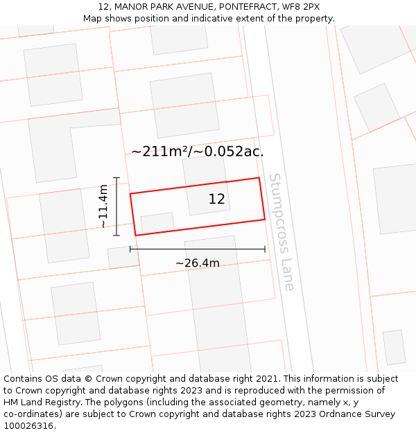 12, MANOR PARK AVENUE, PONTEFRACT, WF8 2PX: Plot and title map