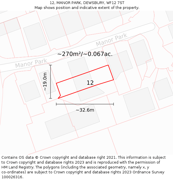 12, MANOR PARK, DEWSBURY, WF12 7ST: Plot and title map