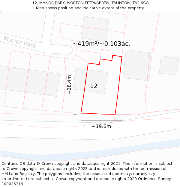 12, MANOR PARK, NORTON FITZWARREN, TAUNTON, TA2 6SG: Plot and title map