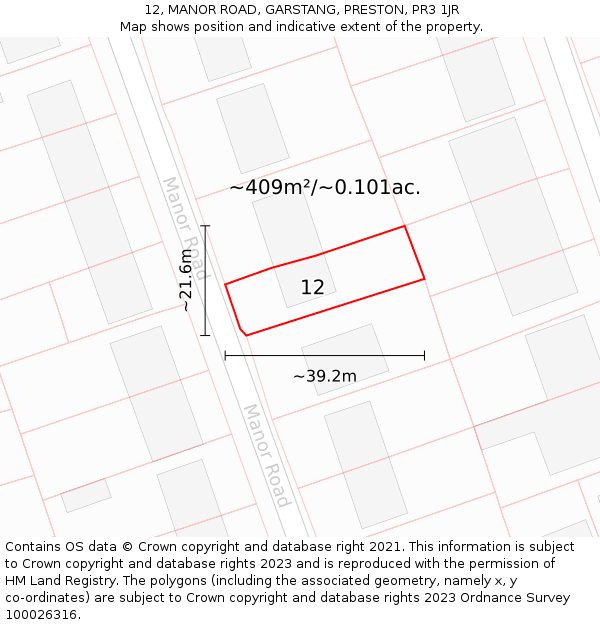 12, MANOR ROAD, GARSTANG, PRESTON, PR3 1JR: Plot and title map