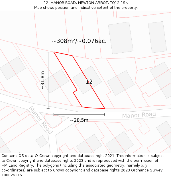 12, MANOR ROAD, NEWTON ABBOT, TQ12 1SN: Plot and title map