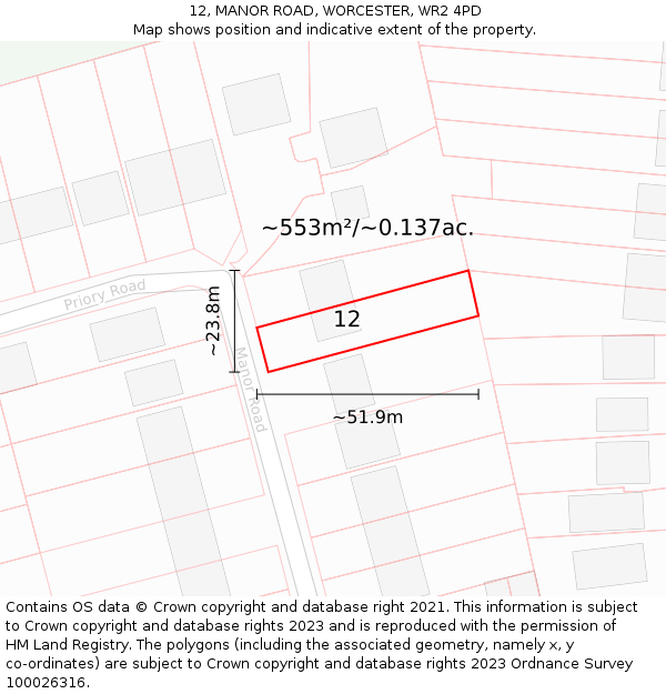 12, MANOR ROAD, WORCESTER, WR2 4PD: Plot and title map