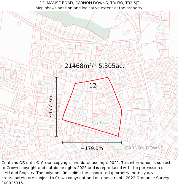 12, MANSE ROAD, CARNON DOWNS, TRURO, TR3 6JE: Plot and title map