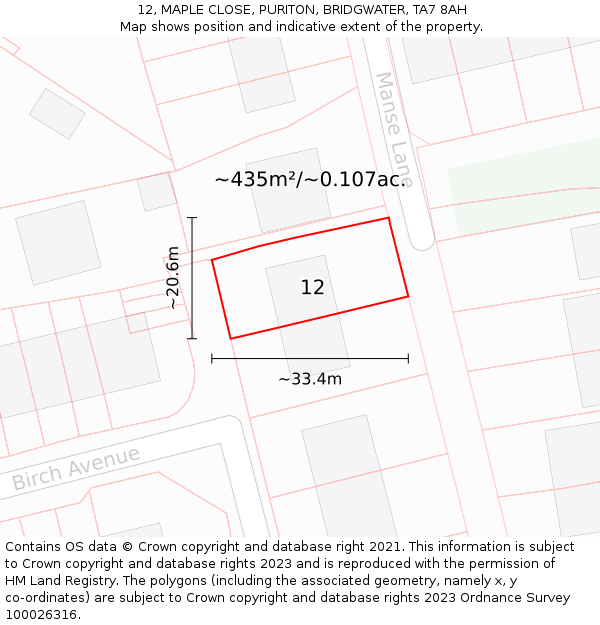 12, MAPLE CLOSE, PURITON, BRIDGWATER, TA7 8AH: Plot and title map