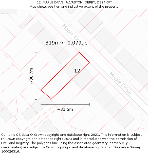 12, MAPLE DRIVE, ALVASTON, DERBY, DE24 0FT: Plot and title map