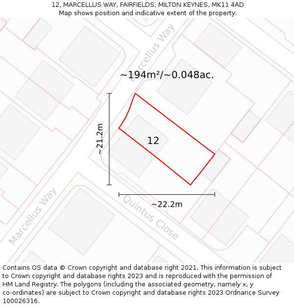12, MARCELLUS WAY, FAIRFIELDS, MILTON KEYNES, MK11 4AD: Plot and title map