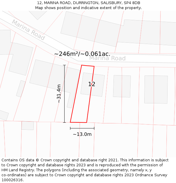 12, MARINA ROAD, DURRINGTON, SALISBURY, SP4 8DB: Plot and title map