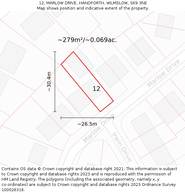 12, MARLOW DRIVE, HANDFORTH, WILMSLOW, SK9 3NE: Plot and title map