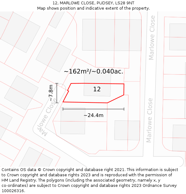 12, MARLOWE CLOSE, PUDSEY, LS28 9NT: Plot and title map