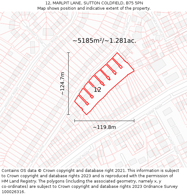 12, MARLPIT LANE, SUTTON COLDFIELD, B75 5PN: Plot and title map