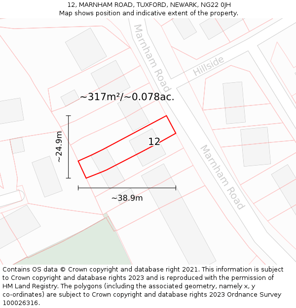 12, MARNHAM ROAD, TUXFORD, NEWARK, NG22 0JH: Plot and title map