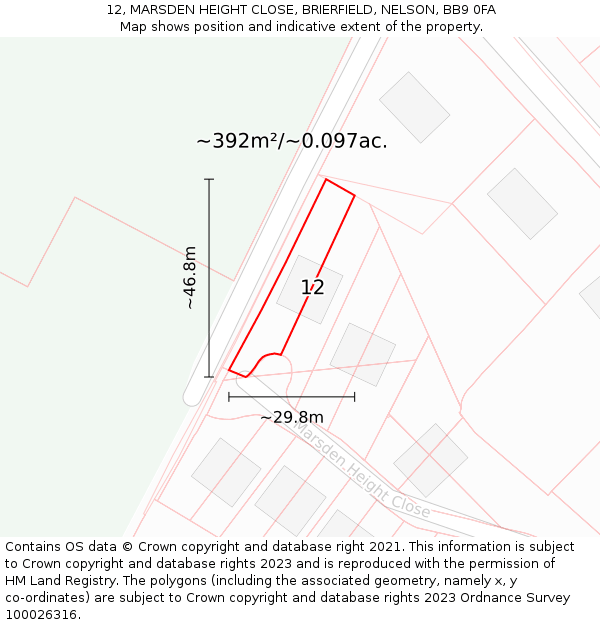 12, MARSDEN HEIGHT CLOSE, BRIERFIELD, NELSON, BB9 0FA: Plot and title map