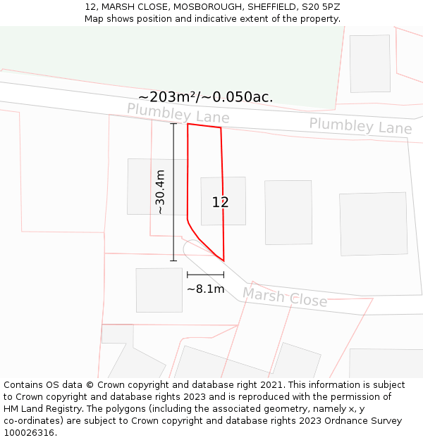 12, MARSH CLOSE, MOSBOROUGH, SHEFFIELD, S20 5PZ: Plot and title map