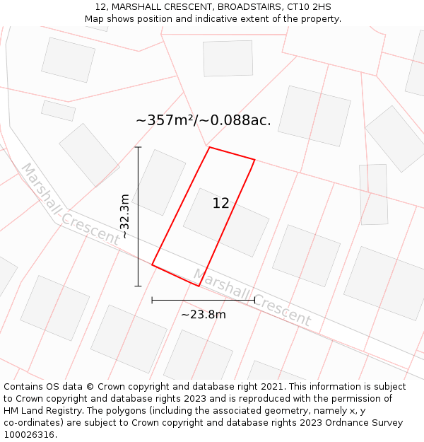 12, MARSHALL CRESCENT, BROADSTAIRS, CT10 2HS: Plot and title map