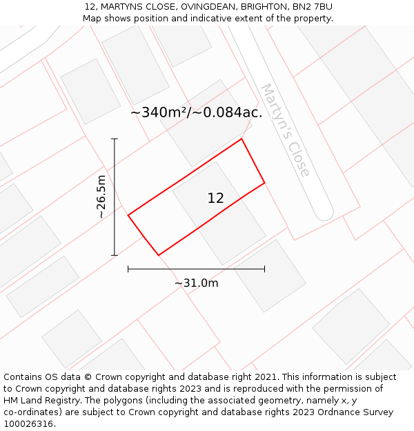 12, MARTYNS CLOSE, OVINGDEAN, BRIGHTON, BN2 7BU: Plot and title map