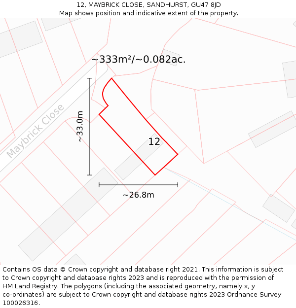 12, MAYBRICK CLOSE, SANDHURST, GU47 8JD: Plot and title map