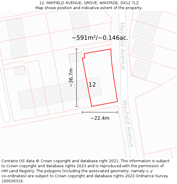 12, MAYFIELD AVENUE, GROVE, WANTAGE, OX12 7LZ: Plot and title map