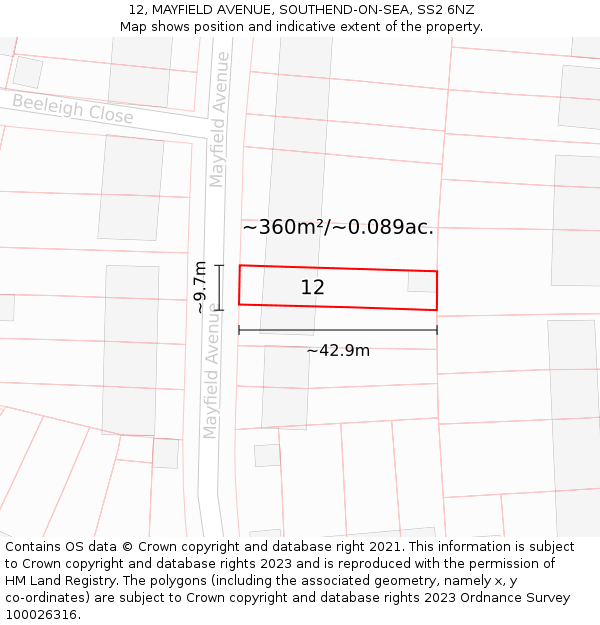 12, MAYFIELD AVENUE, SOUTHEND-ON-SEA, SS2 6NZ: Plot and title map