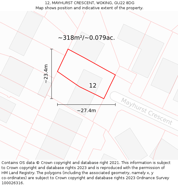 12, MAYHURST CRESCENT, WOKING, GU22 8DG: Plot and title map