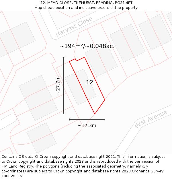 12, MEAD CLOSE, TILEHURST, READING, RG31 4ET: Plot and title map