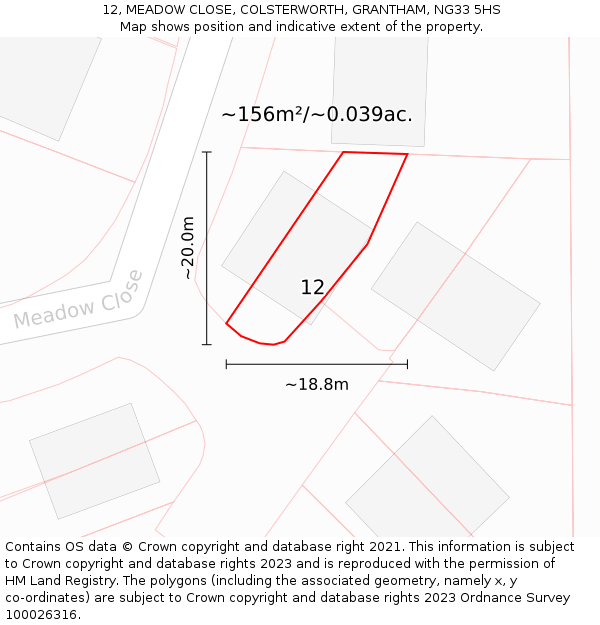 12, MEADOW CLOSE, COLSTERWORTH, GRANTHAM, NG33 5HS: Plot and title map