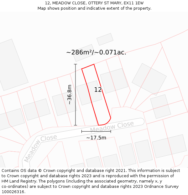 12, MEADOW CLOSE, OTTERY ST MARY, EX11 1EW: Plot and title map