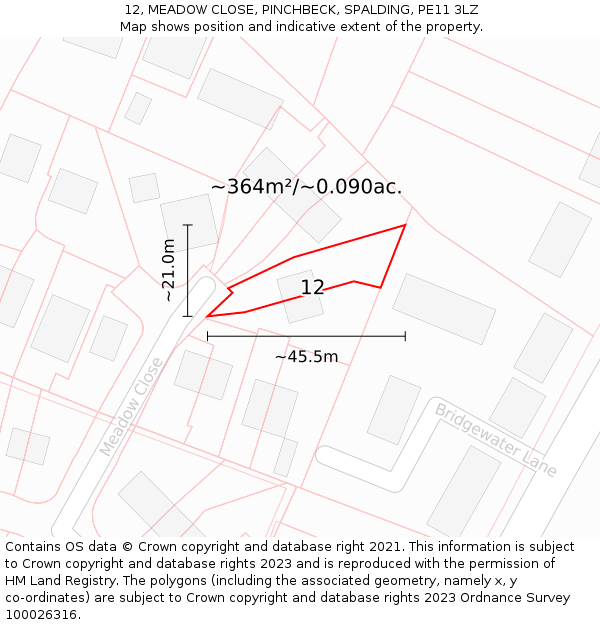 12, MEADOW CLOSE, PINCHBECK, SPALDING, PE11 3LZ: Plot and title map
