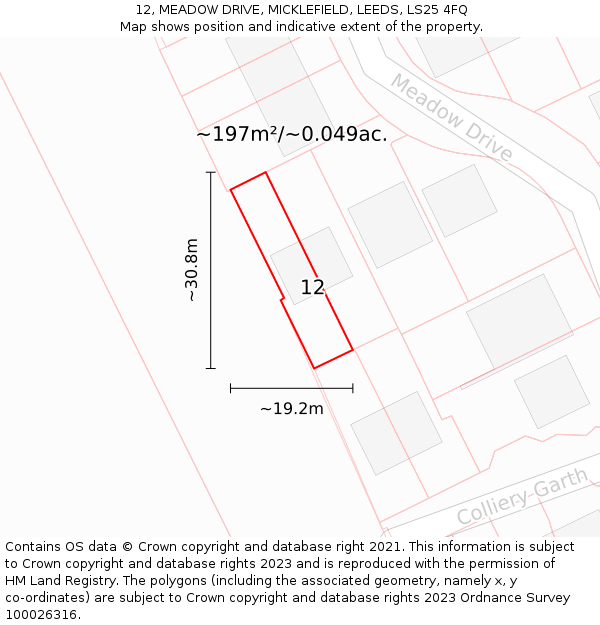 12, MEADOW DRIVE, MICKLEFIELD, LEEDS, LS25 4FQ: Plot and title map