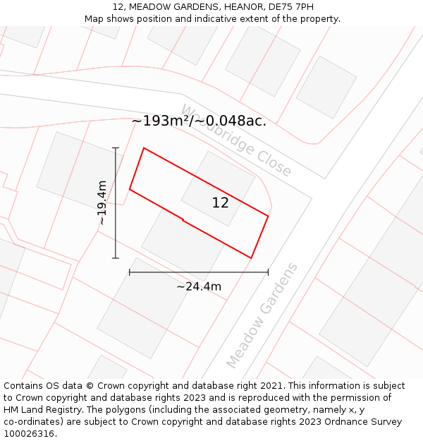 12, MEADOW GARDENS, HEANOR, DE75 7PH: Plot and title map