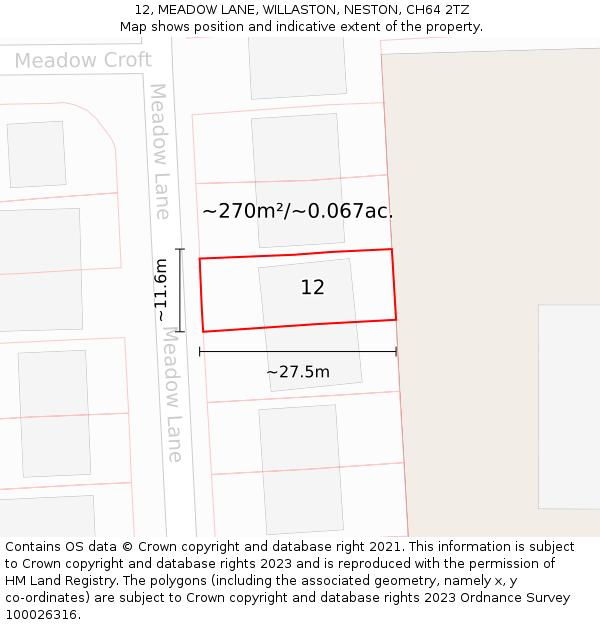 12, MEADOW LANE, WILLASTON, NESTON, CH64 2TZ: Plot and title map