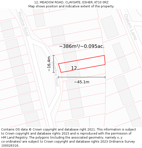 12, MEADOW ROAD, CLAYGATE, ESHER, KT10 0RZ: Plot and title map