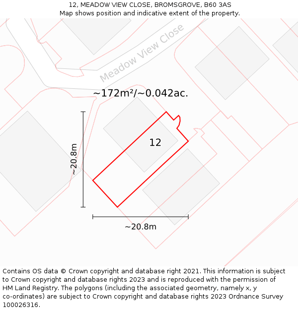 12, MEADOW VIEW CLOSE, BROMSGROVE, B60 3AS: Plot and title map