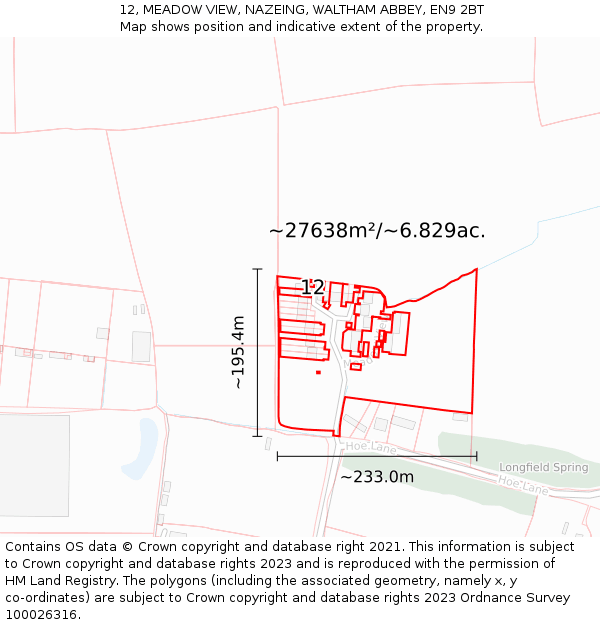 12, MEADOW VIEW, NAZEING, WALTHAM ABBEY, EN9 2BT: Plot and title map